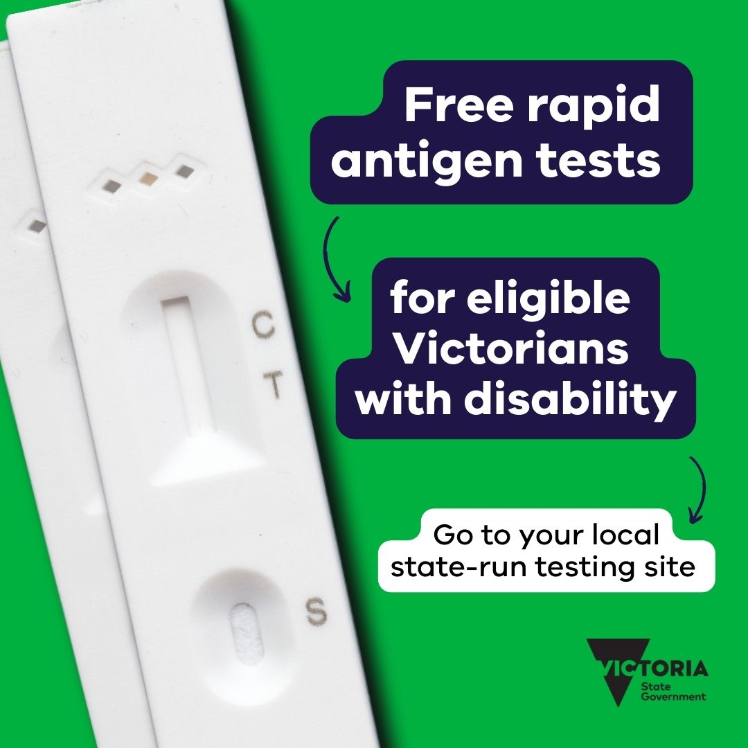Eligible Victorians with #disability can continue to access up to 20 free rapid antigen tests at their local state-run testing, until 30 September 2022.  

👉Visit   go.vic.gov.au/V5uqVm or go through a Disability Liaison Officer👉  go.vic.gov.au/aQgJHL #DisabilityRights