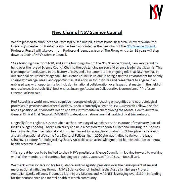 Neurosciences Victoria (@neuroscivic) on Twitter photo Welcome to Prof. Susan Rossell, our new Chair of the NSV Science Council. Thank you Prof. Graeme Jackson for your years of leadership and dedication!
Our next Science Council meeting is on the 29th of August. For more information reach out to angela@neurovic.com.au Welcome to Prof. Susan Rossell, our new Chair of the NSV Science Council. Thank you Prof. Graeme Jackson for your years of leadership and dedication!
Our next Science Council meeting is on the 29th of August. For more information reach out to angela@neurovic.com.au