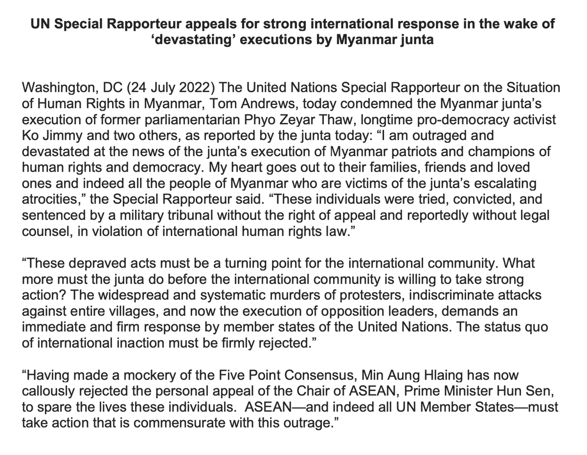 I'm devastated by news that former parliamentarian Zeyar Thaw and longtime activist Ko Jimmy were executed with two others today. UN Member States must honor their lives by making this depraved act a turning point for the world's response to this crisis. My statement attached.