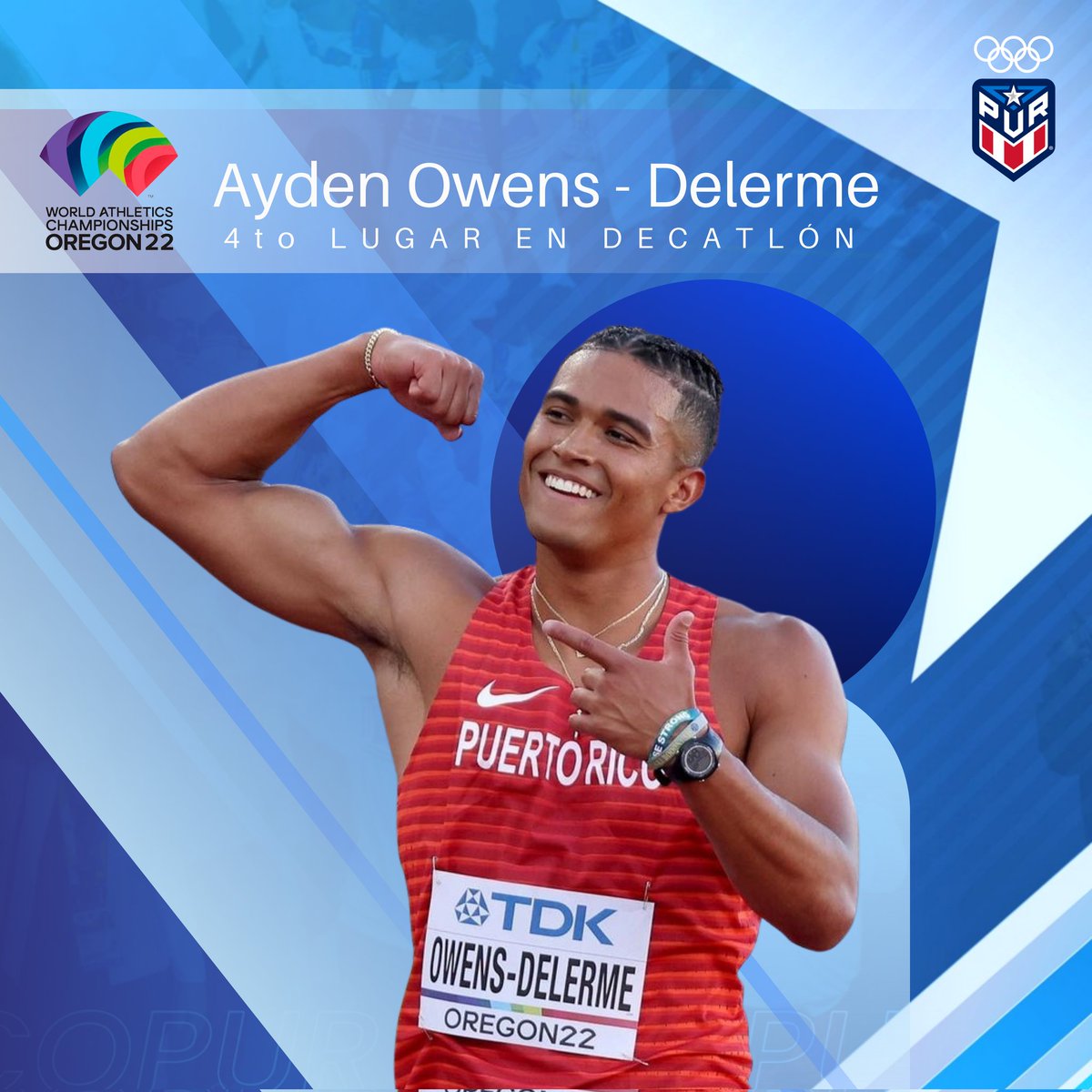 ComiteOlimpico's tweet photo. Nuestro @AOwensDelerme alcanzó un honroso 4to lugar en el Decatlón de @WCHoregon22 con puntuación final de 8,532 puntos que es nueva Marca Nacional en el evento.

Se convierte así  en el 3er atleta de 🇵🇷 con mejor actuación en un Mundial de Atletismo.

¡Orgullosos de ti Ayden! https://t.co/PU9n4YisTj