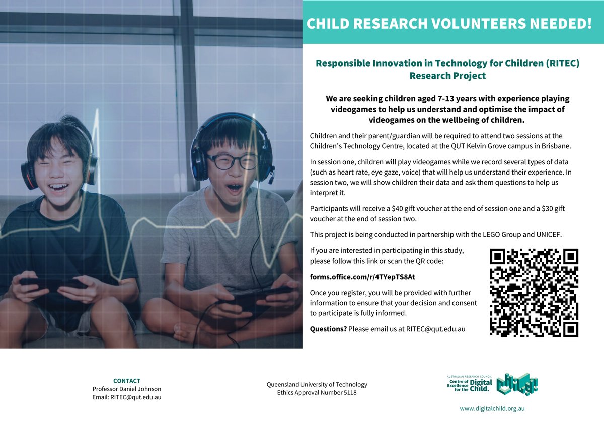 Help us to understand & optimise the impact of videogames on the wellbeing of children. We're seeking children aged 7-13 years to participate in our Responsible Innovation in Technology for Children project in Brisbane. For more info, visit bit.ly/RITEC_ @_DanielJ_