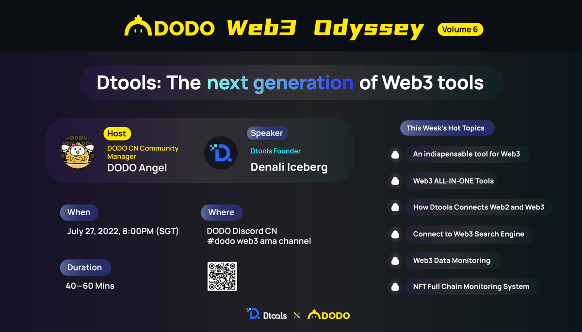 📢Dtools &amp; DODO Co-branded &amp; AMA

Complete gleam tasks for a chance to win DODO NFT airdrop!
[Task Link] gleam.io/qUgdh/dodo-dto…

Event time: 10:00AM 25th July 2022 — 2:00PM 1st August 2022

Mint time: 12:00AM 1st August 2022 — 2:00PM 31th August 2022