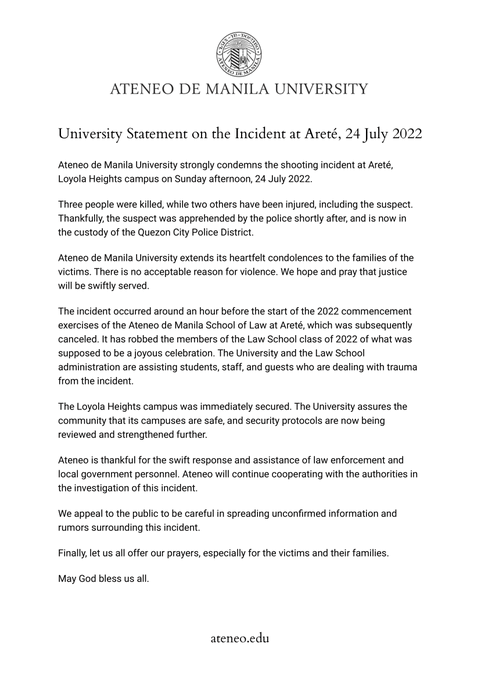 The Ateneo de Manila University decried the shooting incident at Areté, Loyala Heights campus on Sunday afternoon. 
#AteneoDeManila #ShootingIncident