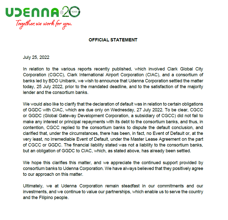 JeromeCMorales's tweet photo. Philipine conglomerate #Udenna says it has settled a notice of default issue with BDO and other lenders today, July 25, ahead of the July 27 deadline https://t.co/j2r3kvJfIu