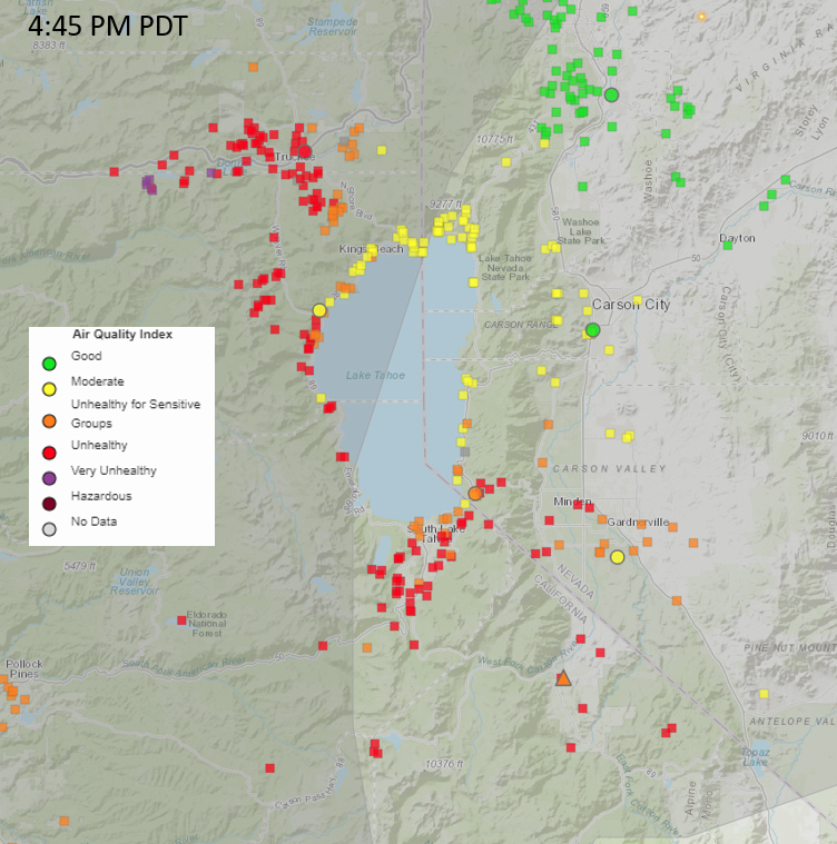 NWSReno's tweet photo. 4:45 PM.... #Smoke from the #OakFire is producing widespread Moderate to Unhealthy air quality across Minden, Markleeville, Tahoe Basin, northward into the Martis Valley. Before you head out to fulfill outdoor plans, visit https://t.co/bs3mf3Mh7p for the latest AQI #cawx #nvwx https://t.co/lxDeB4wWWx