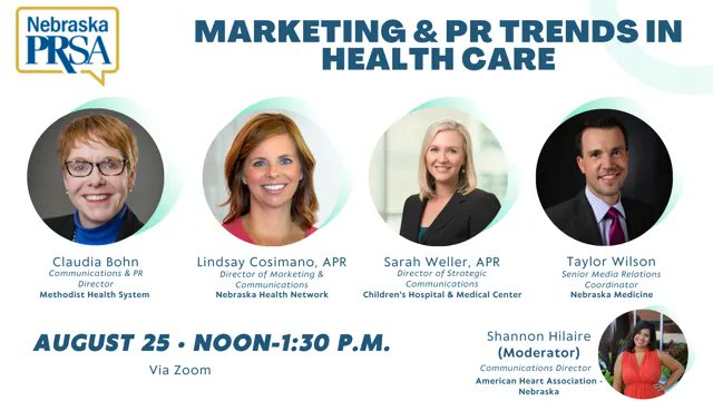 PRSANebraska's tweet photo. Join us Aug. 25 for a virtual panel featuring four #PRpros from NE's health-care industry! https://t.co/nHyB51Af4v

Panelists will share insights into adapting to a constantly changing communications landscape, ways to reach key audiences and more. #PRSANE #HealthCareMarketing https://t.co/Vz2GsREXqj