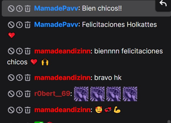 Es hermoso leer a los familiares en los canales de twitch alentando a los jugadores! Algo que antes pasaba muy poco hoy cada vez pasa un poco más.

Aplausos para la barra brava de <a href="/Holkattes/">Holkattes Esports</a> que estuvieron apoyando a los chicos toda la serie y felicitaciones por al clasificación.