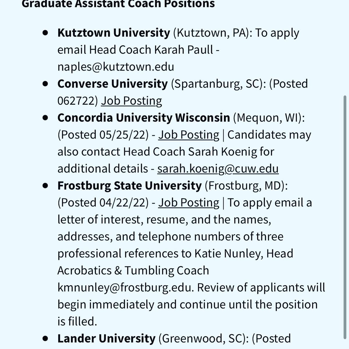 Visit individual school websites for job applications or thencata.org for more info! If you have a background in Acro, cheer, tumbling, gymnastics or the like, you can have a career in this sport!  #jobopenings #ncata
