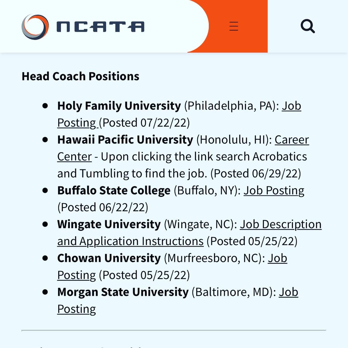 theNCATA's tweet photo. Visit individual school websites for job applications or https://t.co/m4C02WzY76 for more info! If you have a background in Acro, cheer, tumbling, gymnastics or the like, you can have a career in this sport!  #jobopenings #ncata https://t.co/34z1zWEW24