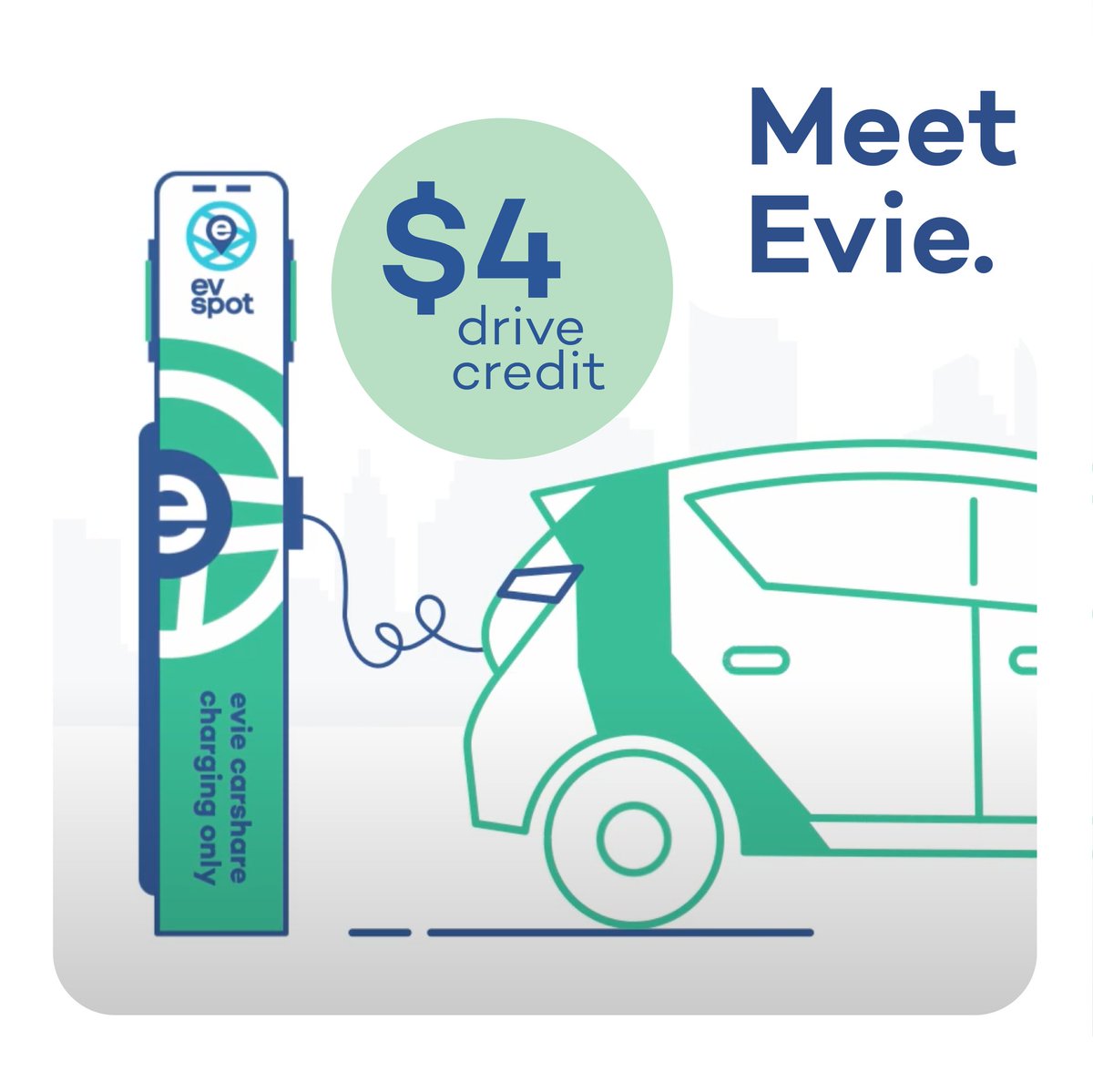 eviecarshare's tweet photo. Excited to share we are making Evie even more affordable with a $4 Drive Credit when you end your Evie trip plugged in at a green @EVSpotNetwork EV Spot Charging station. Learn how: https://t.co/mLdBtA5DLM https://t.co/I9G6hDKMMb