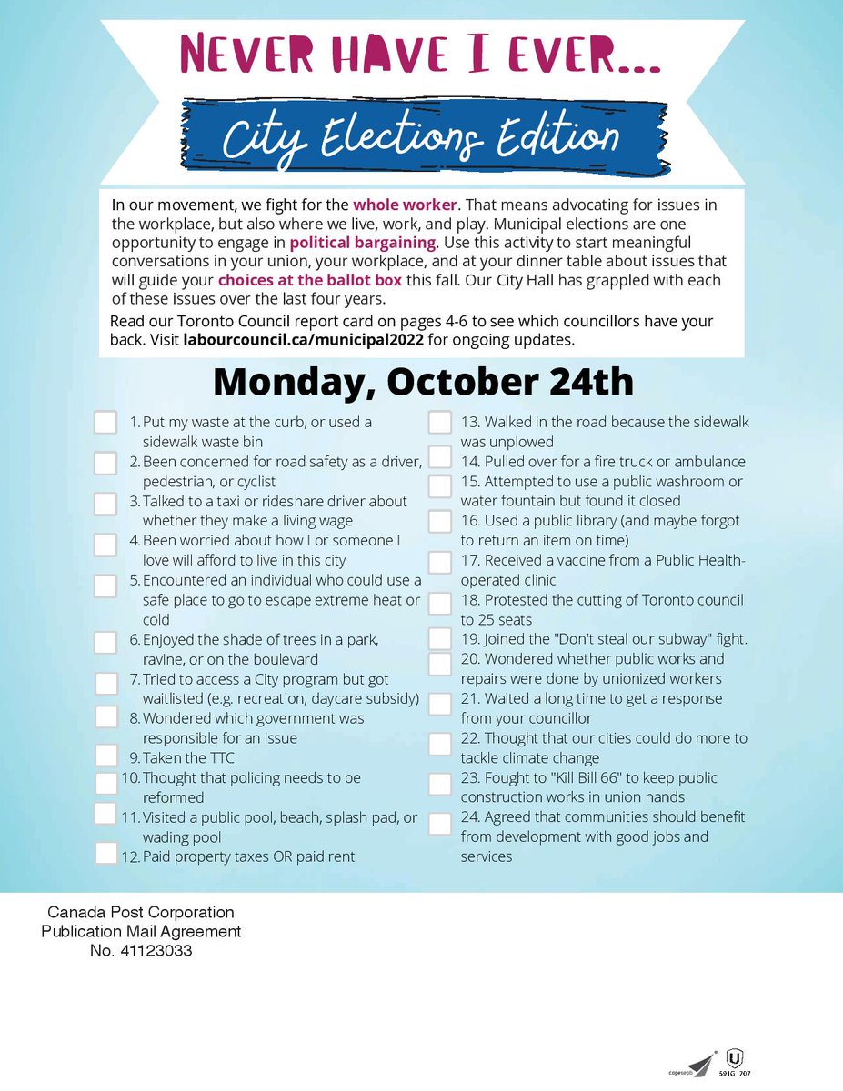 torontolabour's tweet photo. Our #LabourAction summer issue is online now! Read the full digital version if you haven't received it in your mailbox yet. Labour Day in-person parade on our front cover and "Never Have I ever" City Election Edition on the back cover. Get it at https://t.co/RPZfY0MHuV #TYRLC https://t.co/C34ebOF6pL