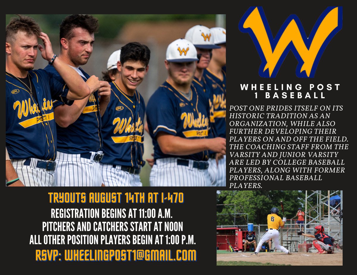 Post1_Baseball's tweet photo. 🚨Wheeling Post 1 Tryouts🚨

•Ages: currently 14 to 18 until Jan 1, 2023

•Schedule
-Varsity: 35-40 games, 2-3 showcase tournaments, midweek games, and practices.
-JV: 25-30 games, 3-4 showcase tournaments, midweek games, and practices.
•Offseason workouts/arm strengthening https://t.co/weHyCUjrBN