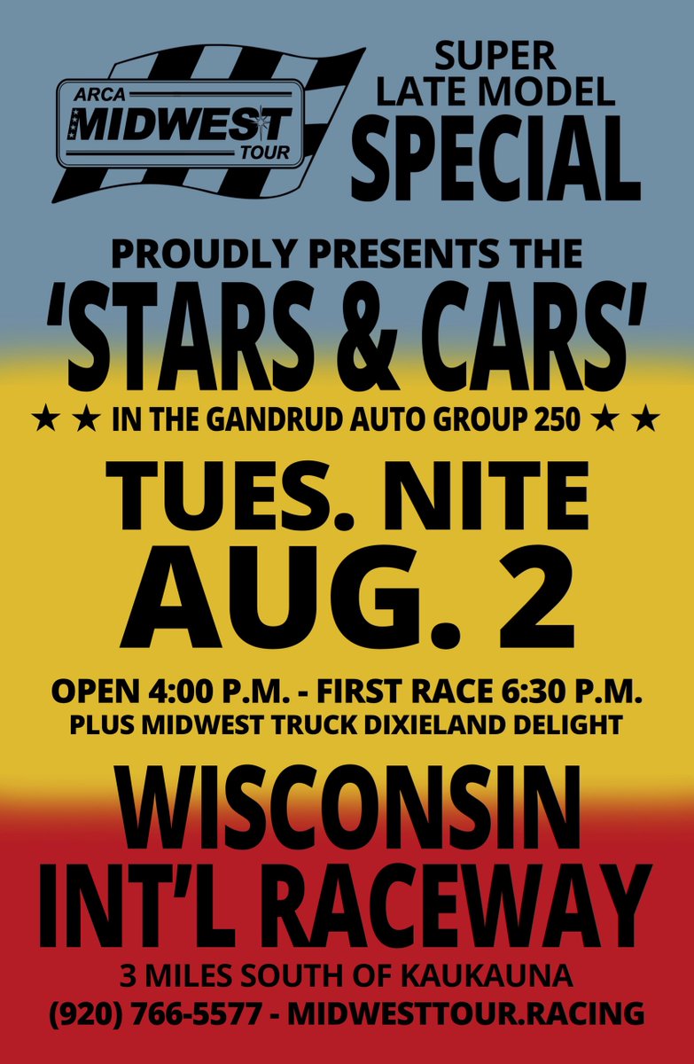 It's the one you DO NOT want to miss! The $15,000 to win Gandrud Auto Group 250 on Tue., Aug. 2 at <a href="/WIRmotorsports/">Wis Int'l Raceway</a>! Stay tuned as we have a bunch of news coming, including a full entry list mid-week.

All seats $25, Ages 12 and under are FREE:  tickethoss.com

#ARCAMT 🏁