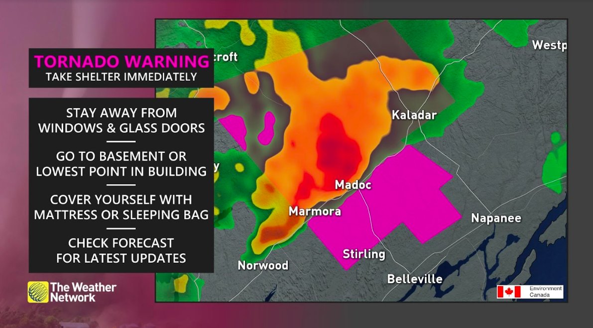 weathernetwork's tweet photo. A TORNADO WARNING has now been issued in Ontario for:

- Kaladar - Bannockburn - Bon Echo Park

#onstorm Take cover immediately. https://t.co/5nCXvH7sAn