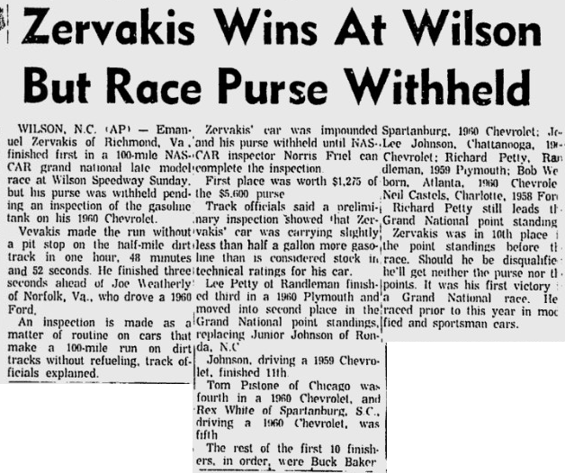 Jonathan_Fjeld's tweet image. April 17, 1960 at Wilson Speedway was the last time a NASCAR Cup Series win was revoked by a disqualification. 

In 1960, Emanuel Zervakis was disqualified for having a gas tank that was too big, giving the win to Joe Weatherly. #NASCAR 

📷: Spartanburg Herald/Racer's Reunion