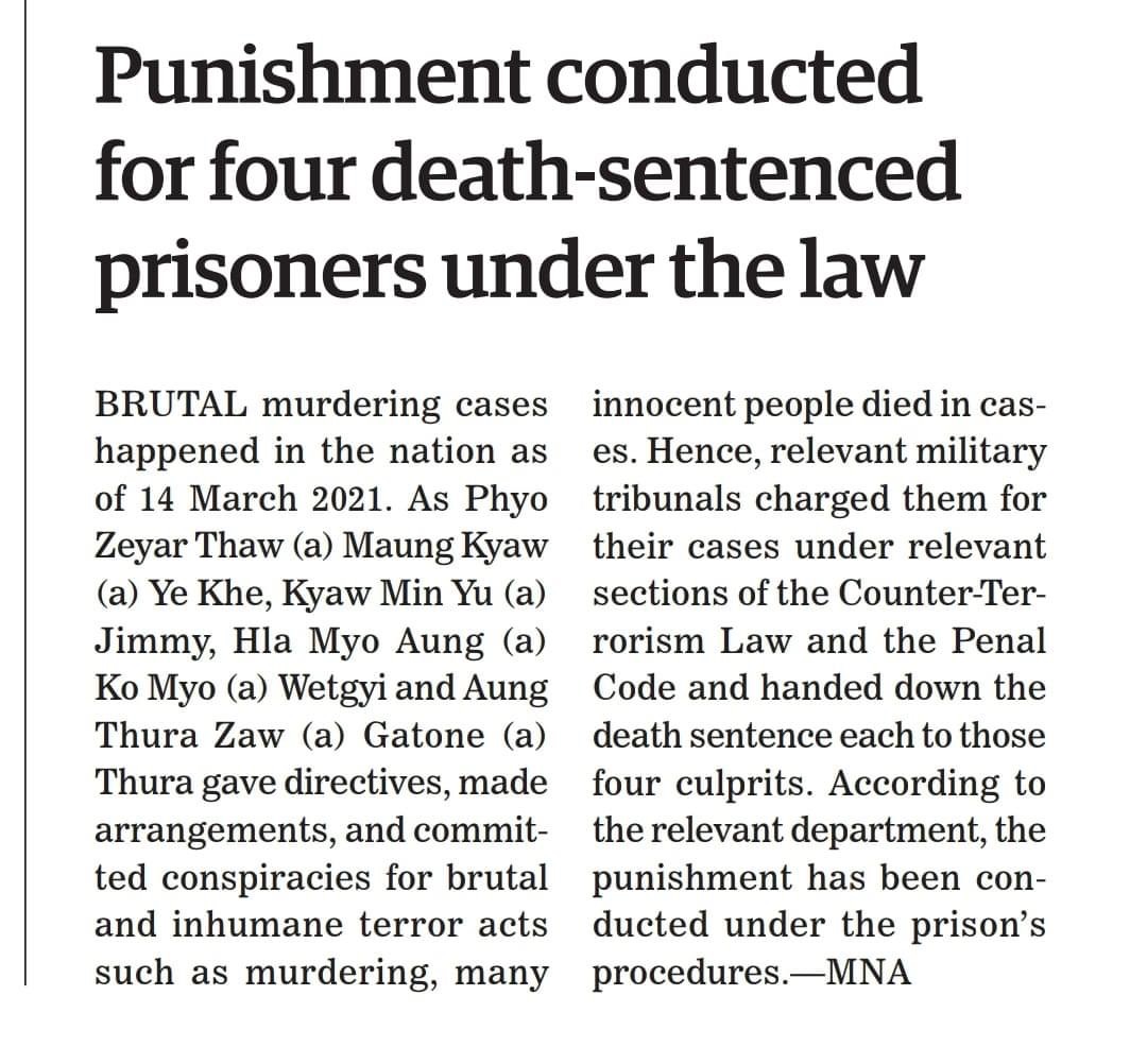 NUGPressSPOX's tweet photo. Extremely shocked &amp; saddened to read the news of the execution of four democracy activists including #Jimmy &amp; former MP #PhyoZayarThaw 
@UN, @ASEAN @EUCouncil &amp; Intl Community must punish murderous #Myanmar military junta for their cruelty and killings.
#WhatsHappeningInMyanmar https://t.co/qf8x8WyYLr