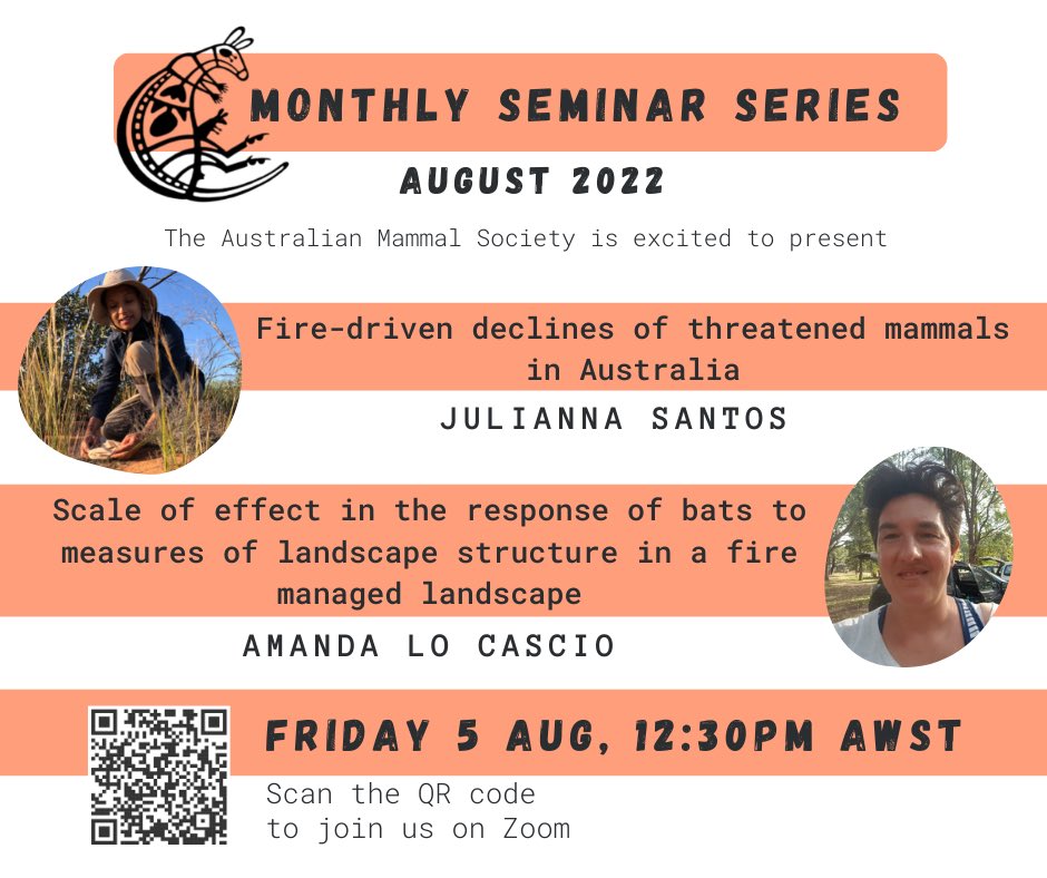 📢 August Seminar 📢   PhD candidates @jsantosecology and @mandalocascio will be presenting their research as part of the @AusMammals Monthly Seminar Series on 5th August.   zoom.us/j/94440897765?…