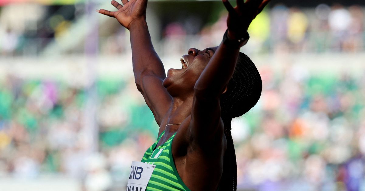 Reuters's tweet photo. Nigeria's Amusan breaks 100 metres hurdles world record https://t.co/qKXRP9sT8S https://t.co/0SRnSCvuN9