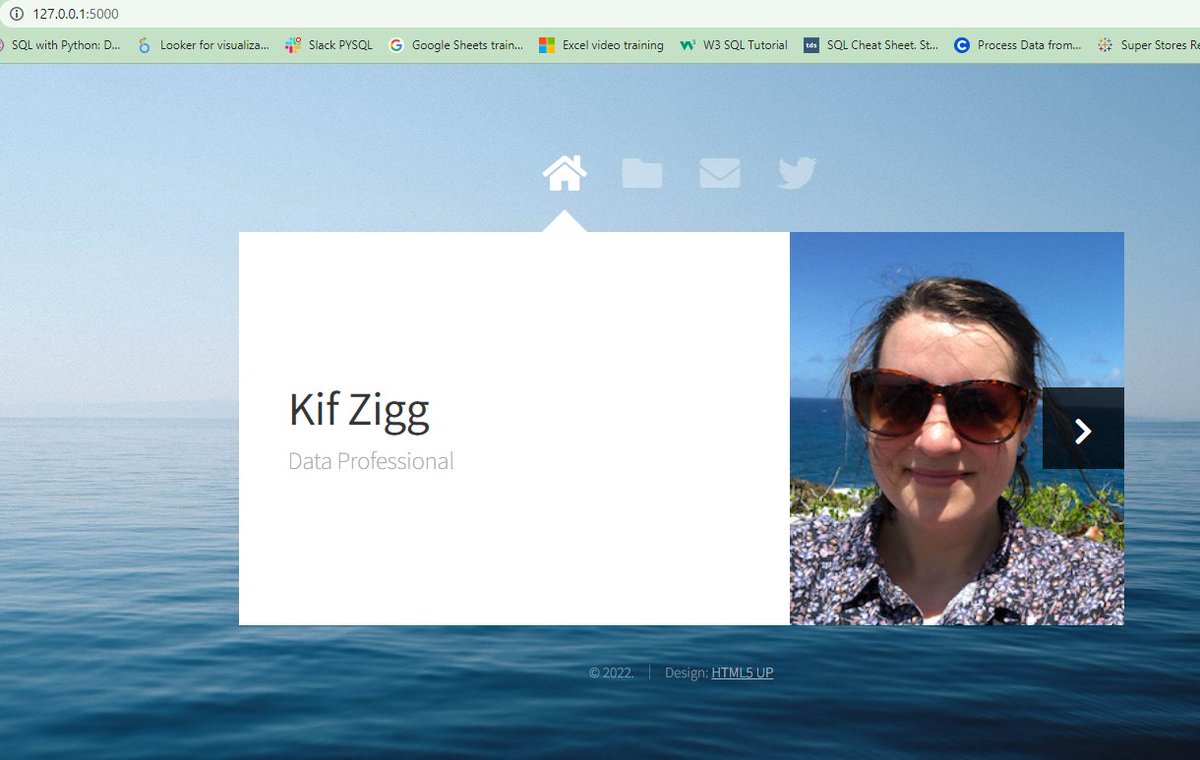 zigspan's tweet image. Day 56 of #100DaysOfCode with Python. We downloaded a free web template from html5up to use with the Flask server and modified it to create a business card site. The background image is from unsplash. This was super doable. Just need to learn how to get it to the cloud. 🙂