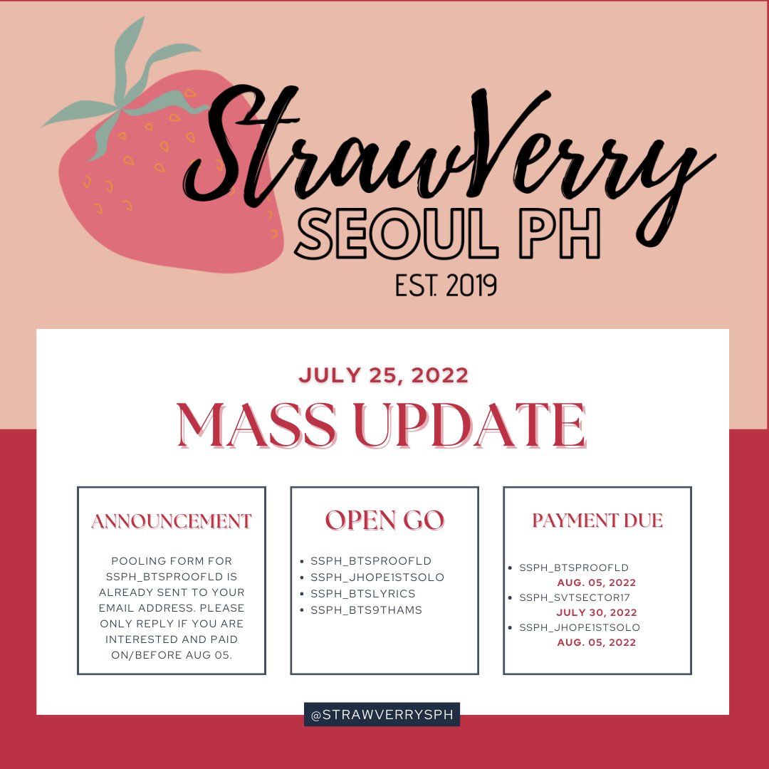 StrawVerrySPH's tweet photo. MASS UPDATE as of JULY 25, 2022

Please read carefully below ✨

Thank you for your patience and understanding 🤗💜

Don't hesitate to DM us if you have any concerns/questions.

#StrawVerryUpdates 🍓 https://t.co/otjCQ0MCO7