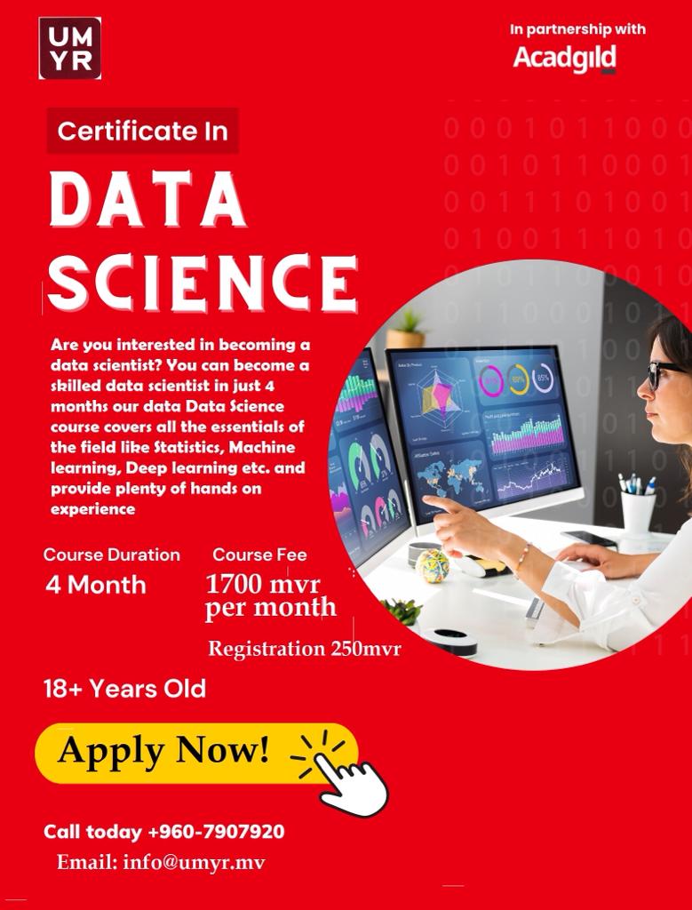 UMYRInstitute's tweet image. Register for UMYR Data Science &amp;amp; Analytics Program and master one of the fastest growing field in modern world! Apply Now! docs.google.com/forms/d/e/1FAI… #tech4future
Call us @ 7907920 for more info