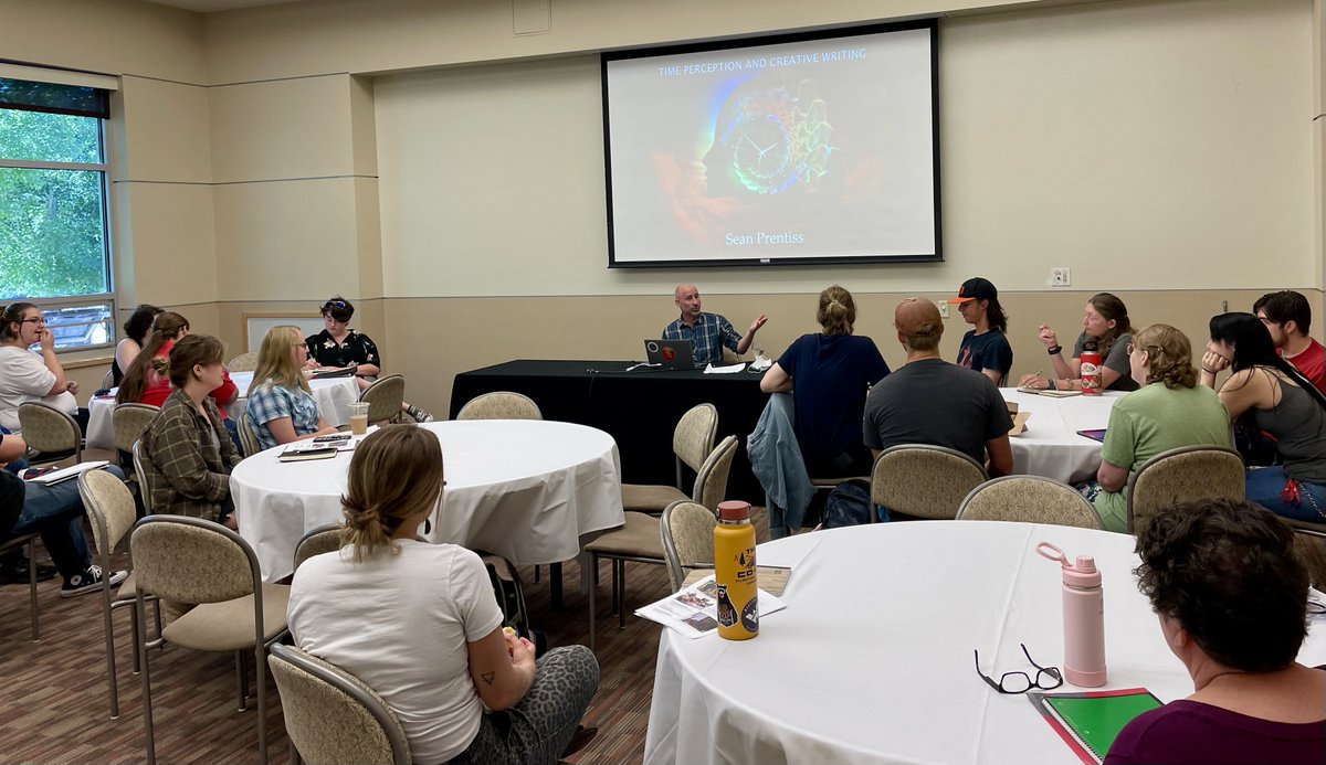 storycatchfest's tweet photo. Day three of #storycatcher22 finds Sean Prentiss leading a craft session on "Time Perception and Creative Writing." @PrentissSean https://t.co/dMIsxvh7BS https://t.co/kMLSVsKhF5