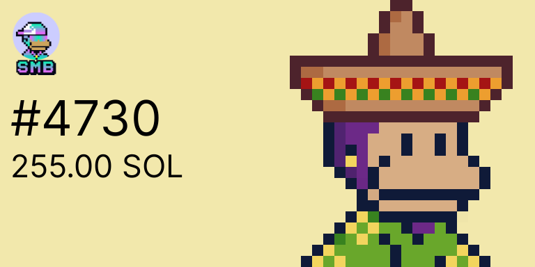 SMB_SalesBot's tweet photo. 🙊 SMB #4730 SOLD for 255.00 S◎L
💵 $9,945.00 USD

→ https://t.co/Y6YoEGRfiT

🐒 @solanambs

📝 https://t.co/fNJgYJsayW https://t.co/GLa8UZOzSH