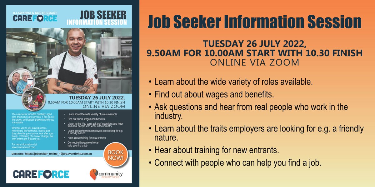 CareForceHub's tweet photo. CareForce Job Seeker Information Session: Tuesday 26 July 2022, 9.50am for 10.00am start with 10.30 finish, online via zoom. 

The care sector includes disability, aged care and home care services. 

Book now! https://t.co/SHHk38tdo2 

#careforcehub #positionvacant #jobseeker https://t.co/o57Jl2lG1b