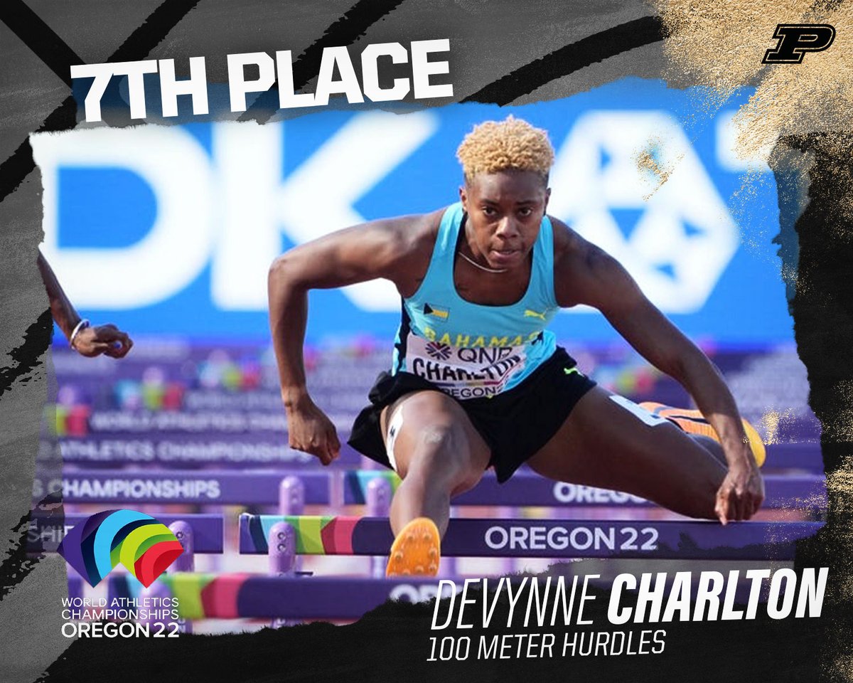 PurdueTrackXC's tweet photo. 7th for Devynne Charlton!! ⚡️

Devynne is 7th overall in the 100m hurdle final in 12.53! That comes less than 2 hours after a Bahamas-record time of 12.46 in the semis at the #WorldAthleticsChamps.

📊 https://t.co/9A5qHkSdhs

#BoilerUp 🚂 #WCHOregon22 https://t.co/66rl2M3cWN