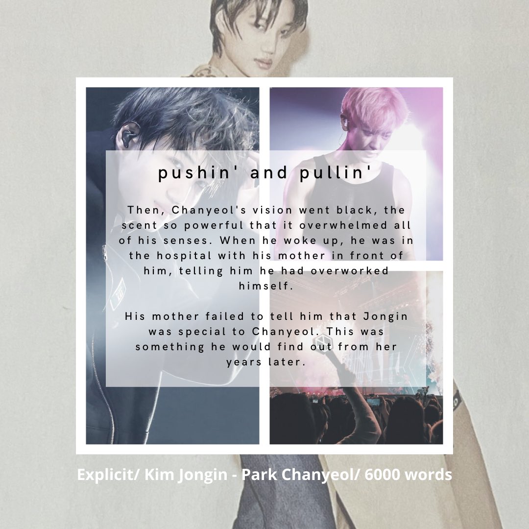 🧸pushin' and pullin'
🧸Jongin/Chanyeol
🧸Explicit
🧸Omegaverse, canon compliant, soulmates, lactation 
🧸6000 words
🧸archiveofourown.org/works/40446453

#AYearWithNpf 
#chankai