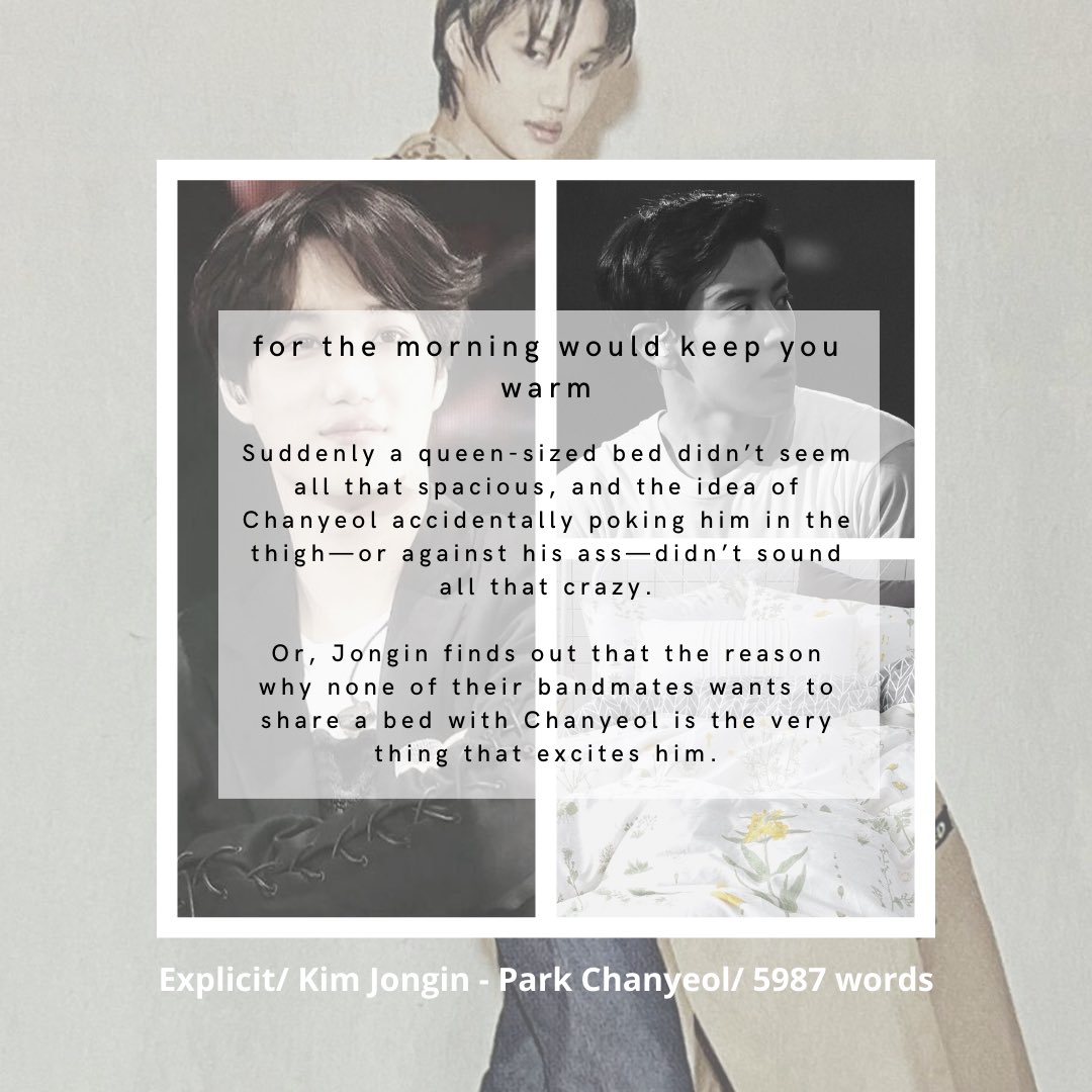 🧸for the morning would keep you warm
🧸Jongin/Chanyeol
🧸Explicit
🧸Canon universe, friends to lovers, cockwarming, masturbation, porn with feelings
🧸5987 words
🧸archiveofourown.org/works/40390560

#AYearWithNpf 
#chankai