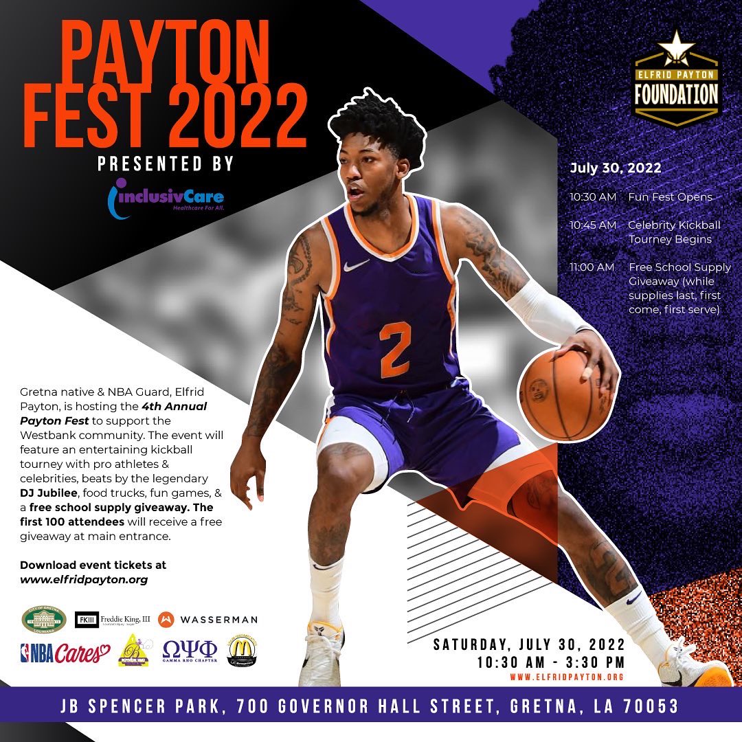 🔥🙌 If you’re in #neworleans this Saturday, come experience <a href="/elfrid/">elfrid payton</a> Payton’s  #PaytonFest presented by <a href="/inclusivcare/">InclusivCare</a>! Free fun,music by legendary DJ Jubilee, pro athlete celebs, free school supplies, food &amp; kickball!
#brandexperience #athletes #community #gretna #westbank #GLB