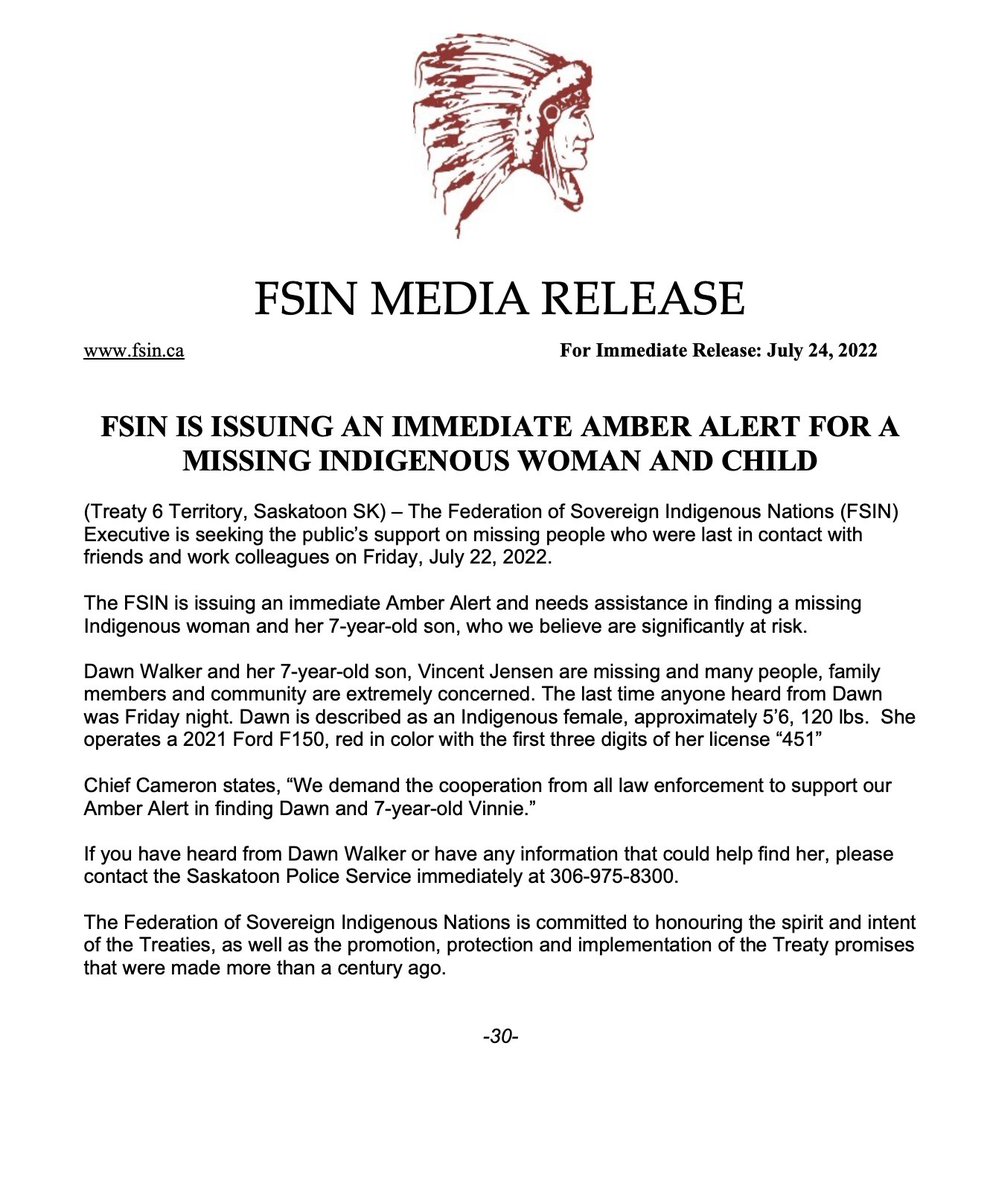 fsinations's tweet photo. FSIN IS ISSUING AN IMMEDIATE AMBER ALERT FOR MISSING INDIGENOUS MOTHER AND CHILD. https://t.co/bg3GkybDTp