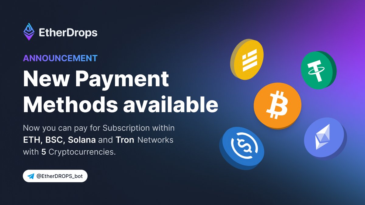 Subscription payment methods have been updated 🔥

What`s new?🧐
1) We accept more crypto`s for payment- #ETH, #BTC, #USDT, #USDC, #BUSD

2) Pay through various networks- ETH, #Solana, #Tron, BSC, BTC

Shop around and save💲on transaction fees ✅