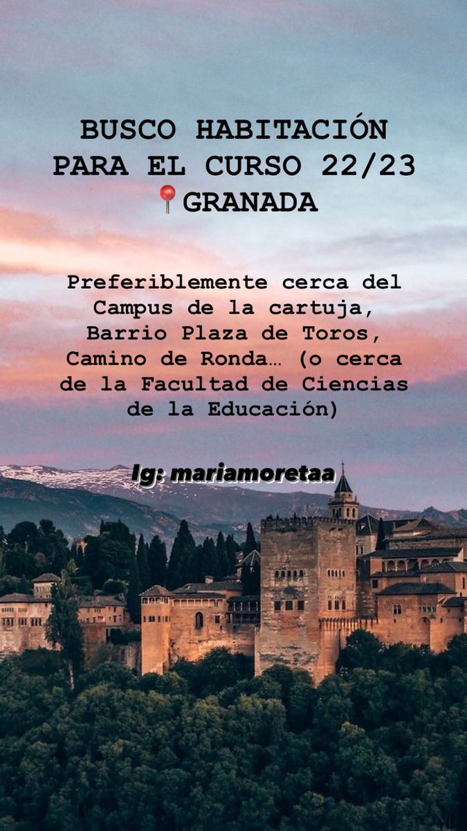 mariamoretaa's tweet photo. Busco piso en Granada para este curso!!
Se agradece difusión🫶🏼 #PisosCotilleoUGR #pisosgranada #queydondeestudiar2022 #pisosugr #cotilleosugr https://t.co/ut9JRnHdJZ