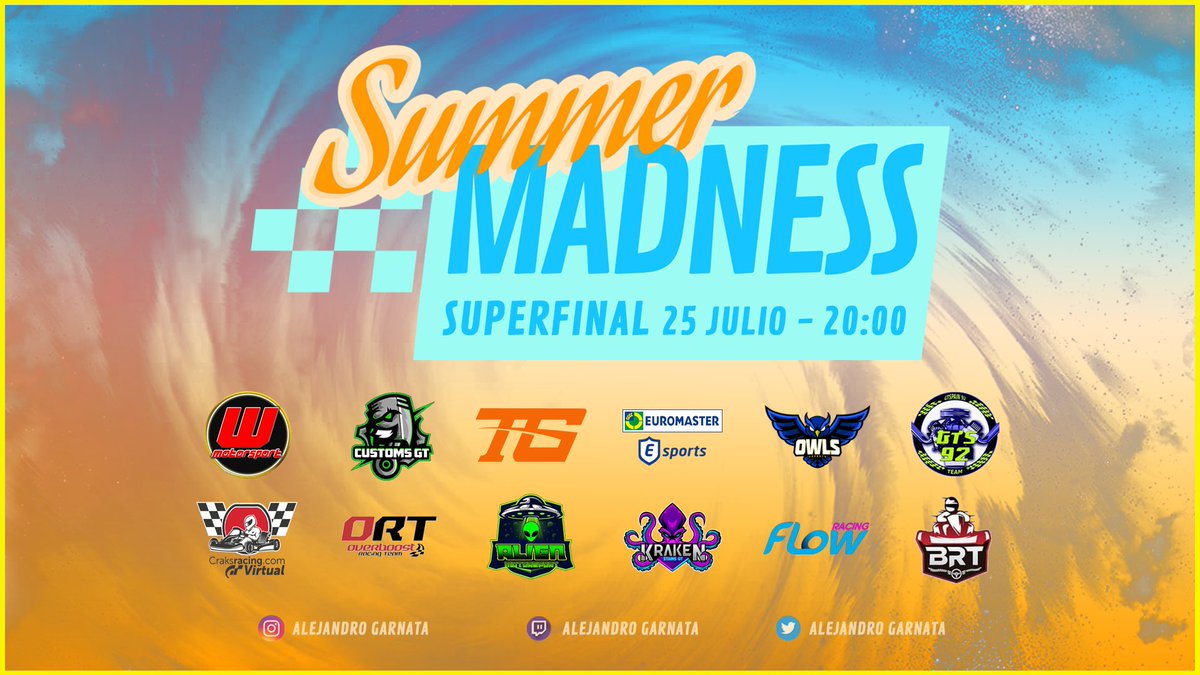 #SummerMadnness | #GT7

¡SUPERFINAL!

Es el día en el que  <a href="/GTSpain92/">GTSpain 92</a> y <a href="/ERM_Esports/">EUROMASTER ESPORTS</a> se juegan el título de la competición.

Opciones también para <a href="/Overboost_RT/">Overboost Racing Team</a> <a href="/CustomsGT/">Customs GT</a> y <a href="/OWLSeSports_/">OWLS eSports 🦉🇪🇦</a> 

🏁 Spa Francorchamps
📅 25/07 - 20:00
📺 Twitch Alejandro Garnata