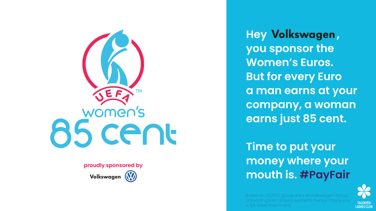 TalentedLadies's tweet photo. Hey @volkswagen @vw, you sponsor the #WomensEuros2022. But for every Euro a man earns at your company, a woman earns just 85 cents. Isn’t it time to close the #genderpaygap and #PayFair? https://t.co/Nb2h4N93mJ https://t.co/mtBDRQ1gbu