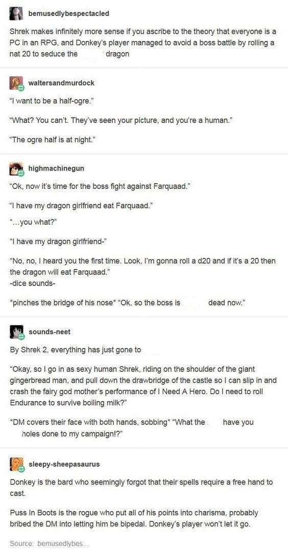 MemesDnd's tweet photo. I always knew Shrek was a D&amp;D campaign.
⚔️🎲
credit to: MUISSB4Brandon
#dnd  #rpg  #dndcharacter  #dnd5e  #d20  #meme #bard https://t.co/aLXpUd4fhJ