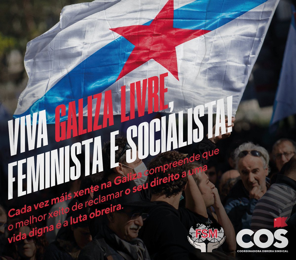 COSnacional's tweet photo. 🔴 Uma aperta fraternal, dendê a COS, à classe trabalhadora galega, com motivo do #DiaDaPatriaGalega.

🛠 Cada vez máis xente na Galiza compreende que o melhor xeito de reclamar o seu direito a uma vida digna é a luta obreira!

✊✊🏽✊🏿 Viva Galiza livre, feminista e socialista! https://t.co/smbgwW7JCt