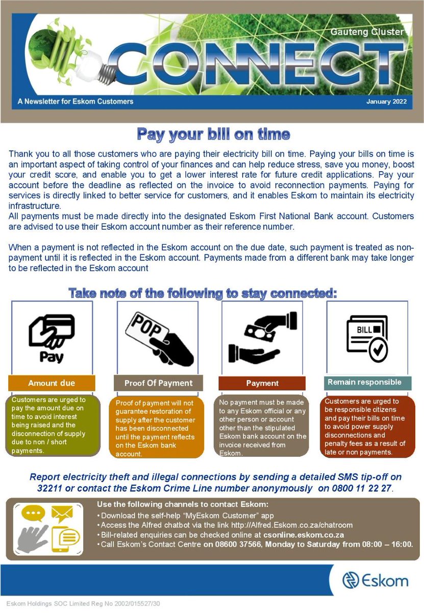 Eskom_SA's tweet photo. Pay your Eskom bill on time to stay connected. https://t.co/sF6ca485GP