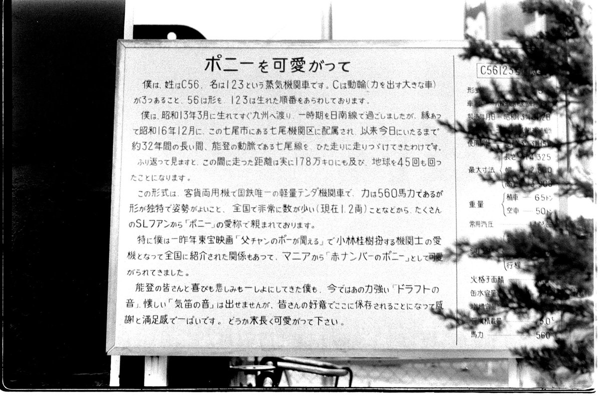 since19711's tweet photo. C 5 6  1 2 3号機

映画に登場し型式入り赤プレートで有名になったポニーだが
1973年の踏切事故で廃車となる

静態保存されるも 
メンテナンスに恵まれず荒廃 
1997年に解体されてしまった

現在は動輪とナンバープレートのみが残されているようだ

七尾駅前「みそぎ公園」に
保存された時のC56123号機 https://t.co/c3NQ0l9gtU