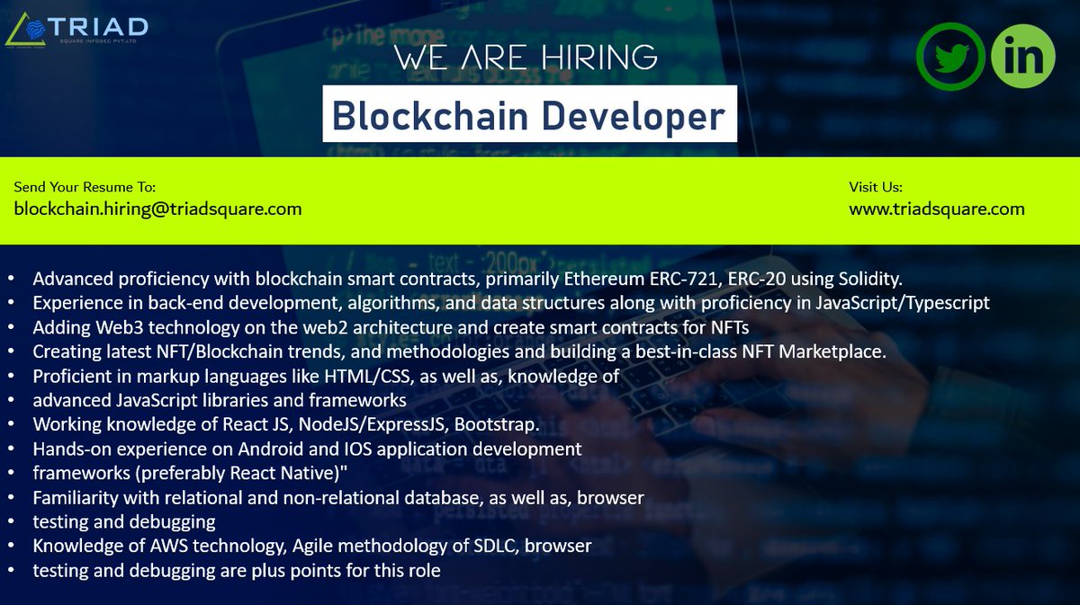traidsquare1's tweet photo. Blockchain is the biggest opportunity set  over the next decade. It’s a mathematical framework that is free of politics and human error.
#hiring #jobs #recruitment #jobsearch #job #career #employment #careers #work #hr #jobseekers #blockchain #developers #blockchaindevelopers https://t.co/f8wHqj9Sap