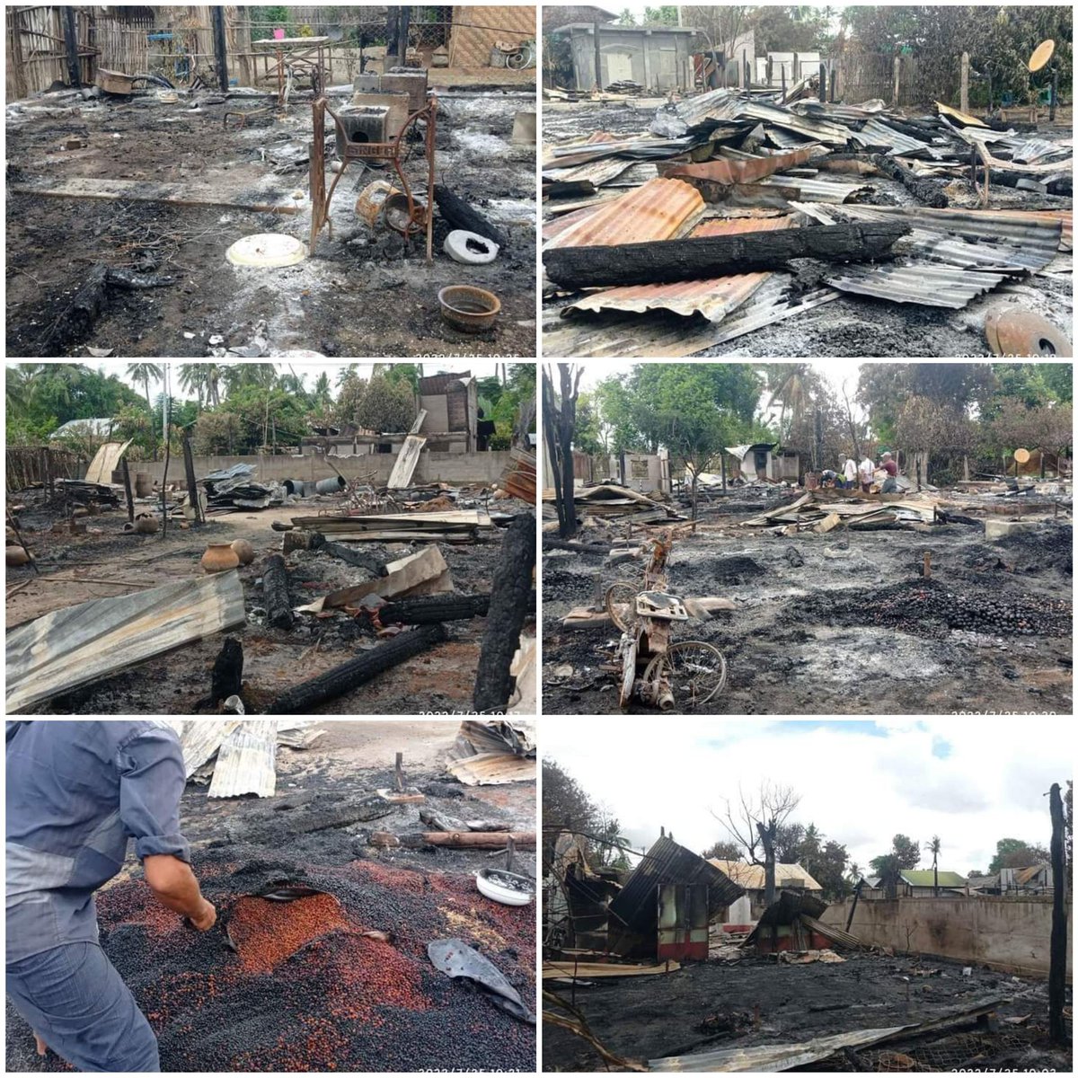 miN13700's tweet photo. Junta troops BURNT DOWN >100 homes &amp; buildings, including car, motos, carts, and SHOT DEAD a civilian &amp; burned body in Kyaukkan vlg north of Magway's Myaing tsp on Jul23. They also stormed other vlgs in Myaing tsp,&amp; burned Dhammathara vlg on Jul25, and locals fled
#2022July25Coup https://t.co/Ag8STFexxh