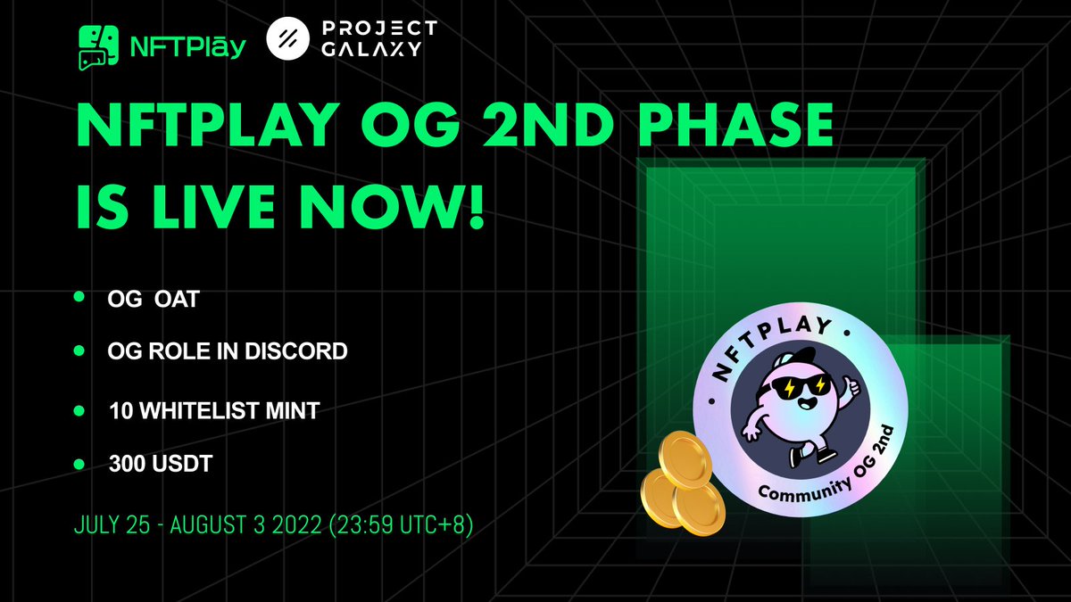 🔥#NFTPlay OG OAT 2nd Phase is LIVE NOW!
Powered by <a href="/ProjectGalaxyHQ/">Now Galxe (Previously Project Galaxy)</a>

🎁REWARDS 
- OG #OAT by #NFTPlay x #ProjectGalaxy 
- OG Role in DC 
- 10 Whitelist Mint slots
- 300 USDT for 10 lucky ppl

✅Complete tasks and mint OAT:galaxy.eco/NFTPlay/campai… 

#NFTs #Airdrop #NFTGiveaways