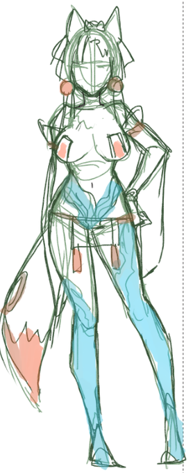 イタコ姉様妖狐フォームみたいなイメージで描いてます、まだないけどモフモフにしっぽ付けるよ 