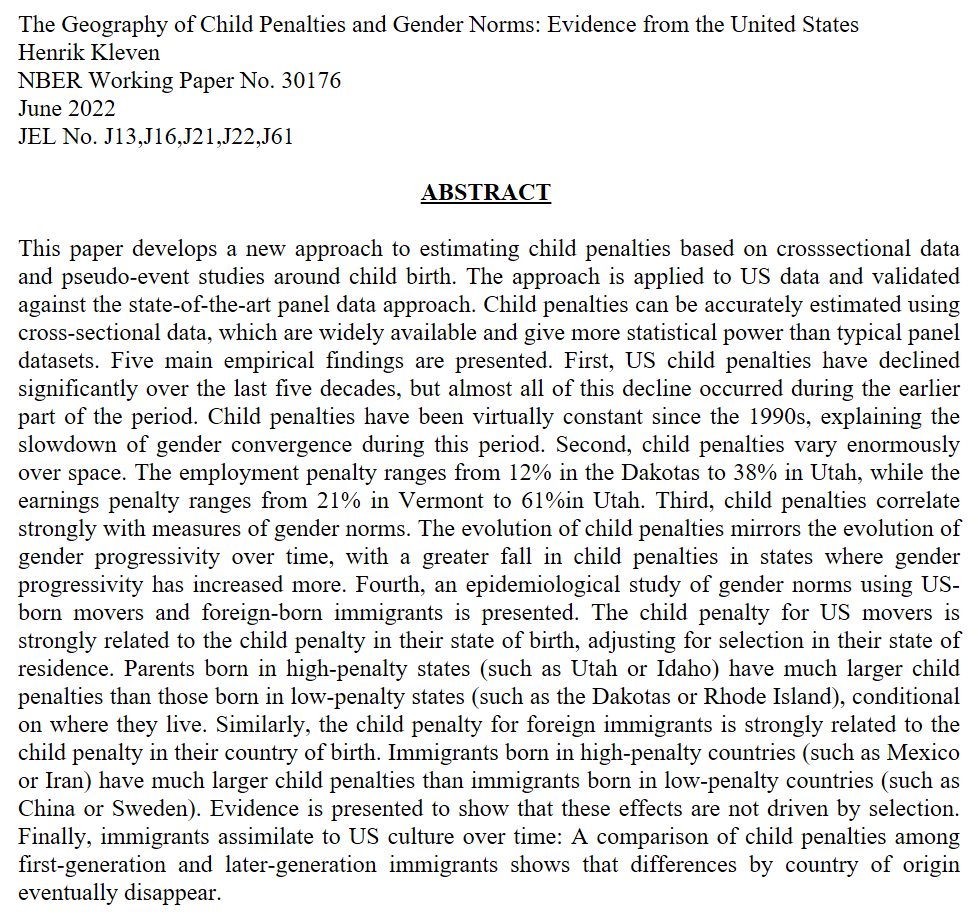 Awesome @nberpubs working paper on 'The Geography of Child Penalties and Gender Norms: Evidence from the United States' by Henrik Kleven. Some highlights in thread below.👇 #EconTwitter [1/5]