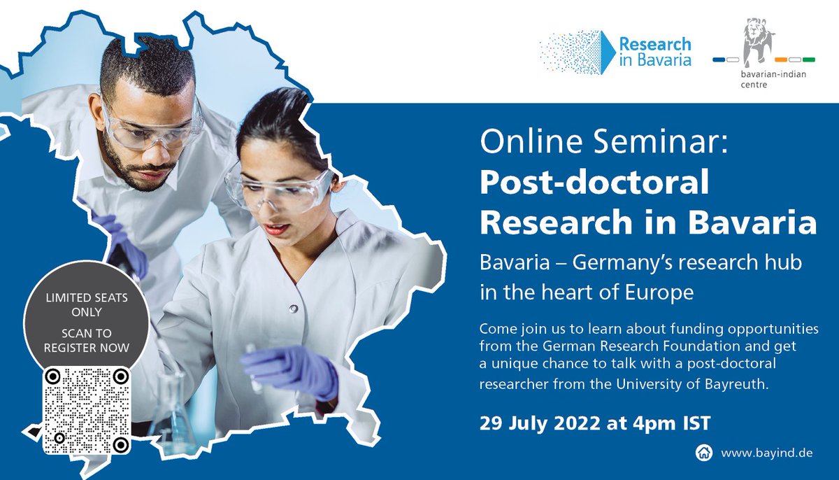 Research in Bavaria (@researchbavaria) on Twitter photo Are you located in #India & interested in a #Postdoc position? On July 29th you'll have the chance to talk to a post-doctoral researcher from <a href="/unibt/">Universität Bayreuth</a> & learn more about your #Research & #Funding opportunities in #Bavaria👉hof-university.zoom.us/meeting/regist… #PlsRT <a href="/GermanyinIndia/">German Embassy India</a> <a href="/DAADIndia/">DAAD India</a> Are you located in #India & interested in a #Postdoc position? On July 29th you'll have the chance to talk to a post-doctoral researcher from <a href="/unibt/">Universität Bayreuth</a> & learn more about your #Research & #Funding opportunities in #Bavaria👉hof-university.zoom.us/meeting/regist… #PlsRT <a href="/GermanyinIndia/">German Embassy India</a> <a href="/DAADIndia/">DAAD India</a>
