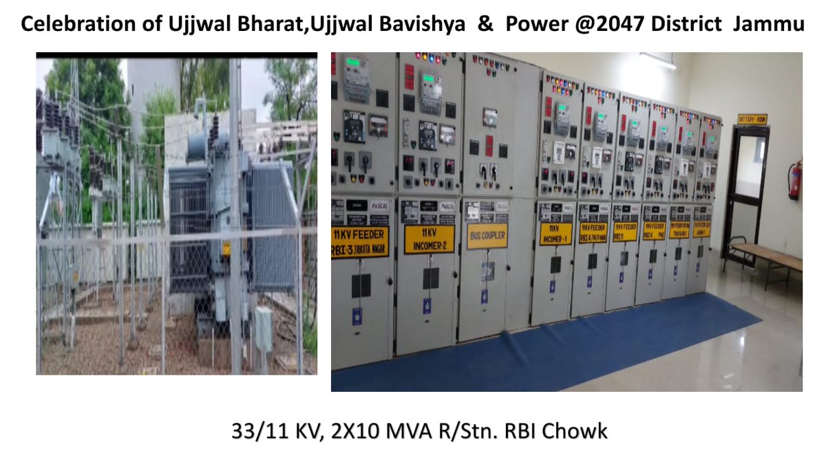 #UjjwalBharatUjjwalBhavishya
A newly installed 33/11 KV, 2*10 MVA receiving station at RBI chowk Jammu. 
<a href="/HMOIndia/">गृहमंत्री कार्यालय, HMO India</a> <a href="/diprjk/">Information & PR, J&K</a>
<a href="/MinOfPower/">Ministry of Power</a> <a href="/infjammu/">Information & PR Jammu</a>
<a href="/pddjkofficial/">Power Development Department, J&K</a> 
<a href="/nitishwarKumar/">Nitishwar Kumar IAS</a>
<a href="/ANI/">ANI</a>