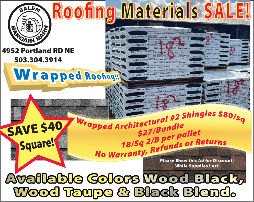 DayInSalem's tweet image. Save $40 OFF wrapped Roofing Shingles! Salem Bargain Barn, 4952 Portland RD NE -503.304.3914 Saves you Money! #BBS1 dlvr.it/SVS8Fl #dayinsalem