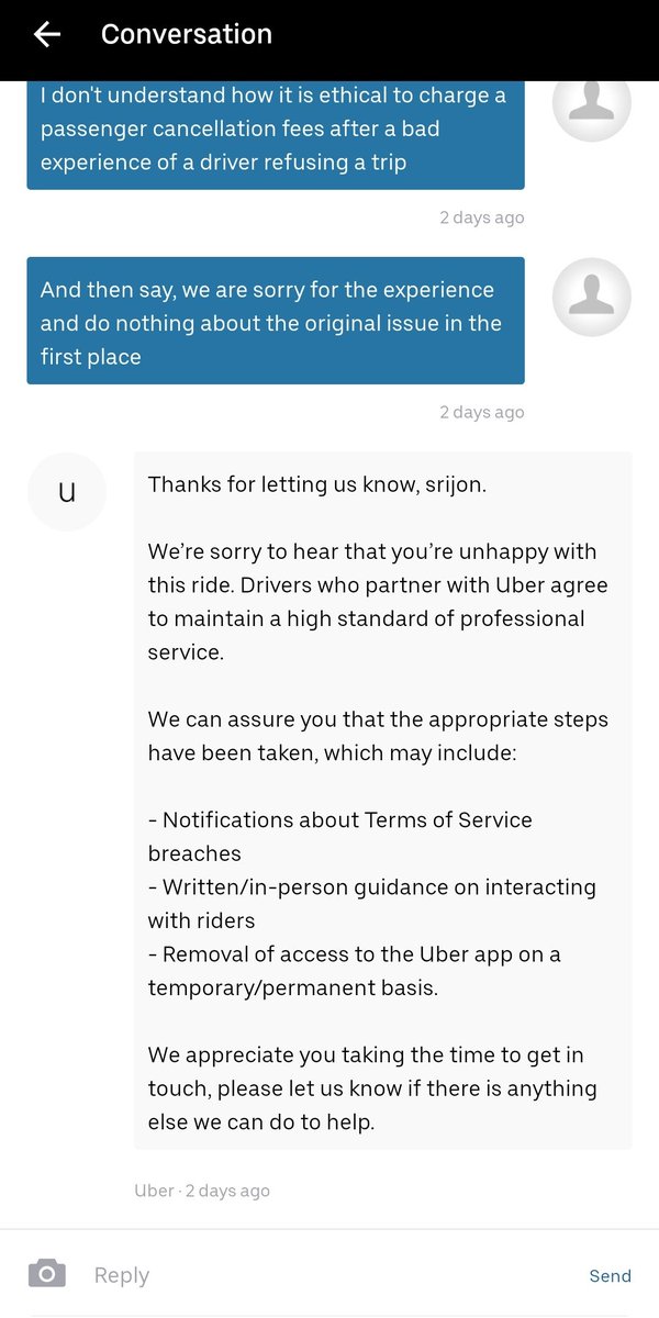 srijonism101's tweet photo. @Uber @UberINSupport can you please direct me to a human I can raise a recurring issue to? I have been unable to book cabs for the past 2 days now (was for a week last time). I've been struggling to have a conversation with bots who always are on a completely different tangent. https://t.co/uOcIwKRSDJ
